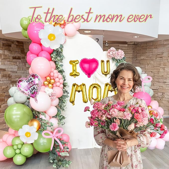 Mothers day Balloon Garland Kit with Pink and Green Foil Heart Letters Floral Basket Daisy Balloons for Indoor Outdoor Premium Rustic Elegant Party Decorations Party Supplies (Green Pink)