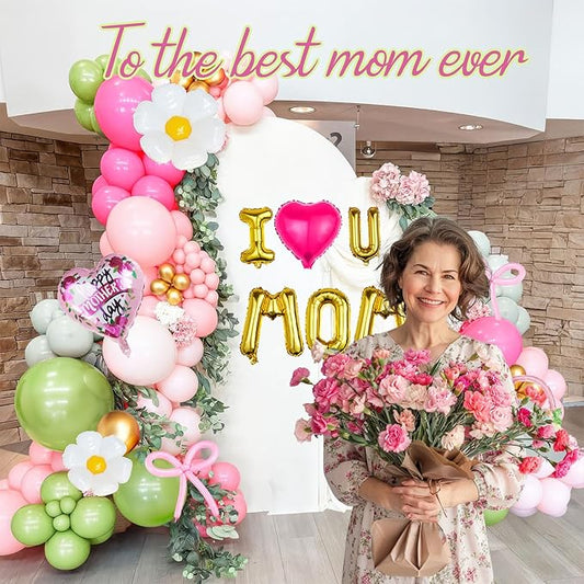 Mothers day Balloon Garland Kit with Pink and Green Foil Heart Letters Floral Basket Daisy Balloons for Indoor Outdoor Premium Rustic Elegant Party Decorations Party Supplies (Green Pink)