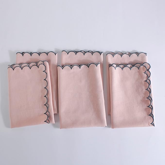 FINGERCRAFT Cloth Napkins, Everyday Use Reversible Scallop Design, Premium Quality Cotton Linen Blend Napkin Set of 6 Perfect for Parties Dinners Weddings Easter Napkin Cloth 20x20 Inch Dusty Pink
