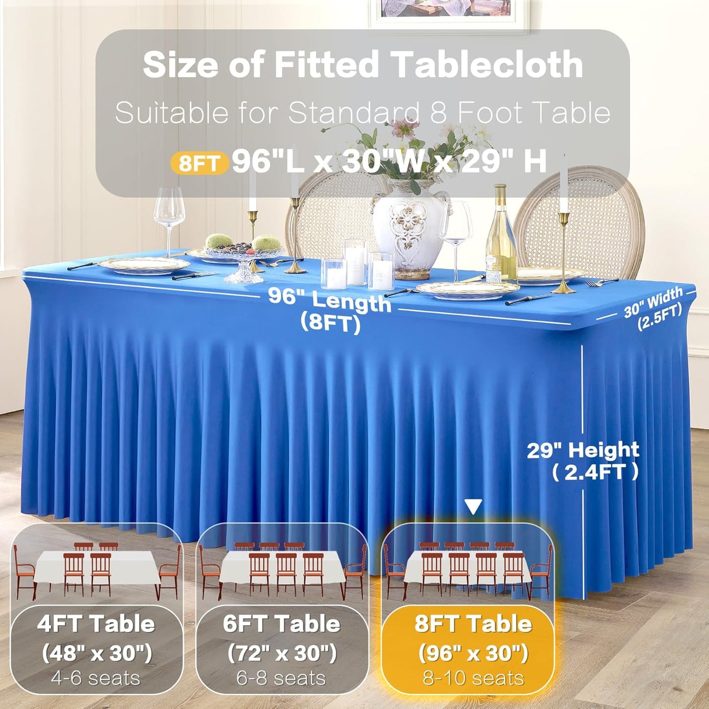 3 Packs Royal Blue Spandex Tablecloths for 8 Foot Rectangle Tables, Stretchy Fitted 8FT Blue Table Skirt for Wedding Party, Wrinkle Free Tablecloths for Banquet Wedding Birthday Party