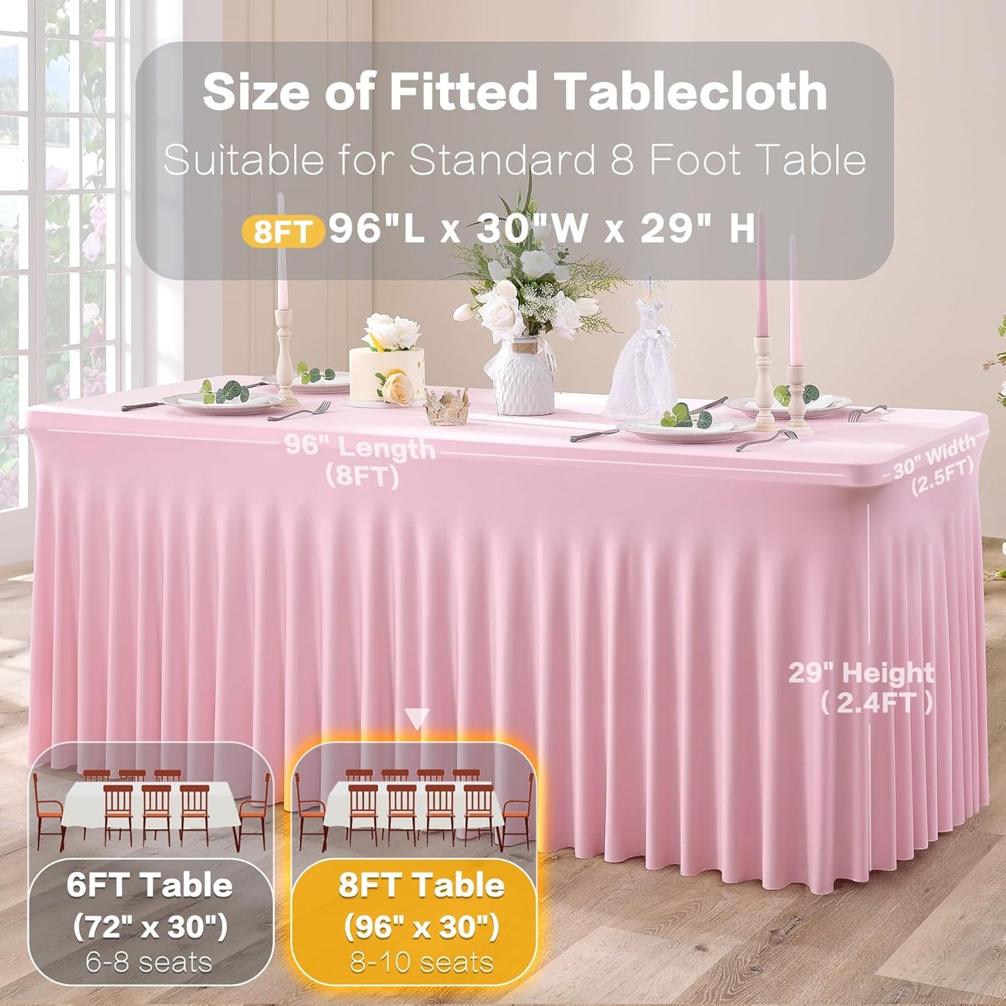 4 pk Spandex Tablecloths for 8 Foot Rectangle Tables, Pink Stretch Table Cloth 8ft Fitted Tablecover Desk Skirt for Parties Weddings Birthday Banquet Baby Shower