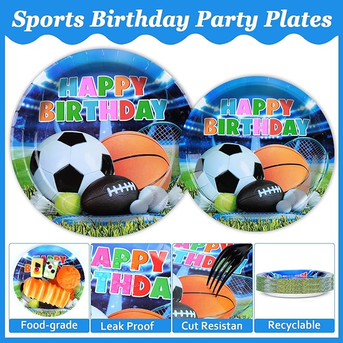 OBUSATT 96Pcs Sport Theme Party Supplies Basketball Paper Plates Napkins All-Star Party Decorations Dinnerware Favor Basketball Forks Football Baseball Soccer Decor Birthday Tableware Serves 24