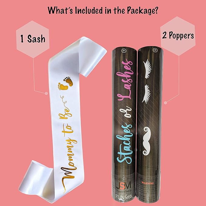 Gender Reveal Confetti and Powder Popper for Themed Baby Boy or Girl Gender Reveal Party and Celebration (Staches Or Lashes, What Will You Be?) Set of 2 Poppers. (Blue Confetti & Powder, Set of 2)