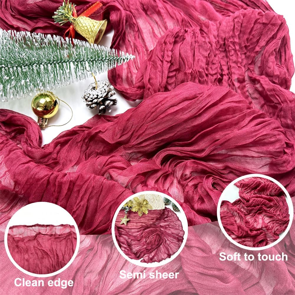 Booque Valley Christmas Table Runner 3 Pack Burgundy Cheesecloth 10ft Soft Boho Wrinkled Decorative Gauze Sheer for Holiday Party Baptism Wedding Centerpiece Table Decor, 35x120 Inch