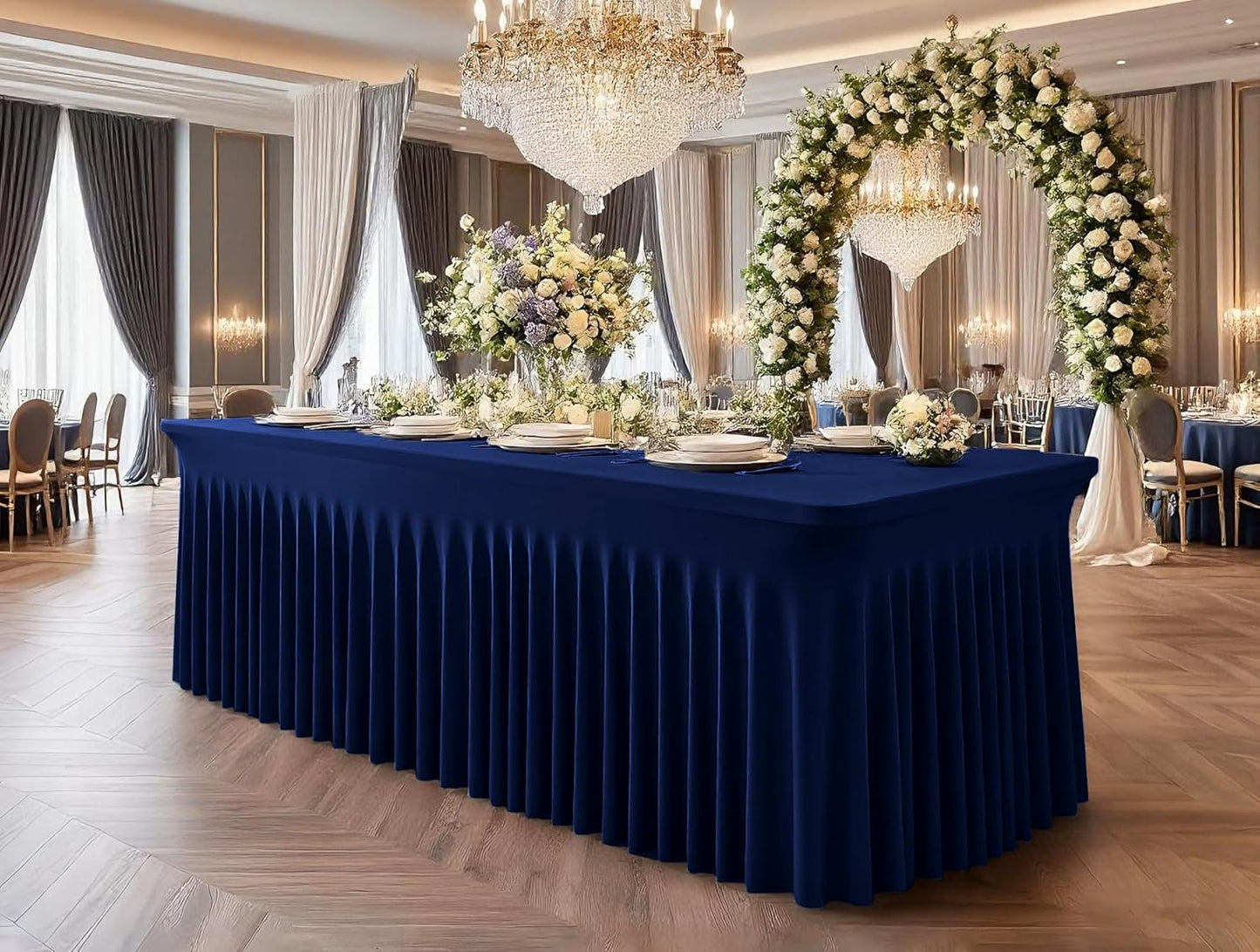 2 Packs Navy Blue Stretch Table Skirts for 8 Foot Rectangle Table, Washable Spandex Stretch Tablecloths with Skirt, Wrinkle Resistant Fitted Tablecover for Wedding Party Banquet