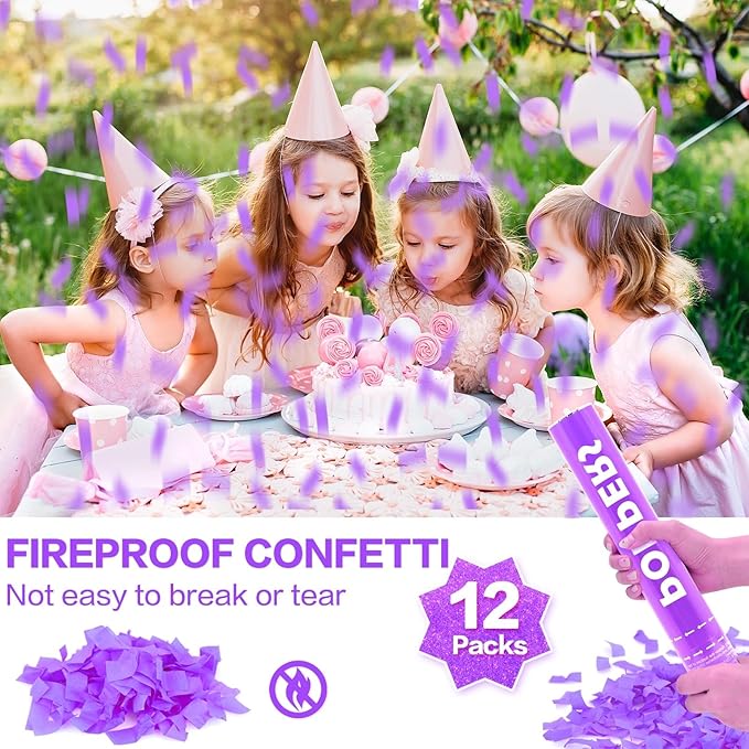 Confetti Cannon 12Pack Purple Party Popper Shooters 12 Inch Confftti Poppers for Wedding Birthday Graduation Christmas New Year Eve Party Supply Launches 20-25ft