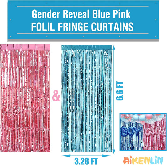 4 Pack 3.2Ft x 6.6Ft Pink Blue Foil Fringe Curtain Backdrop, Metallic Tinsel Foil Fringe Streamers Curtains Background for Photo Booth, Gender Reveal Backdrop Boy or Girl Birthday Party Decoration