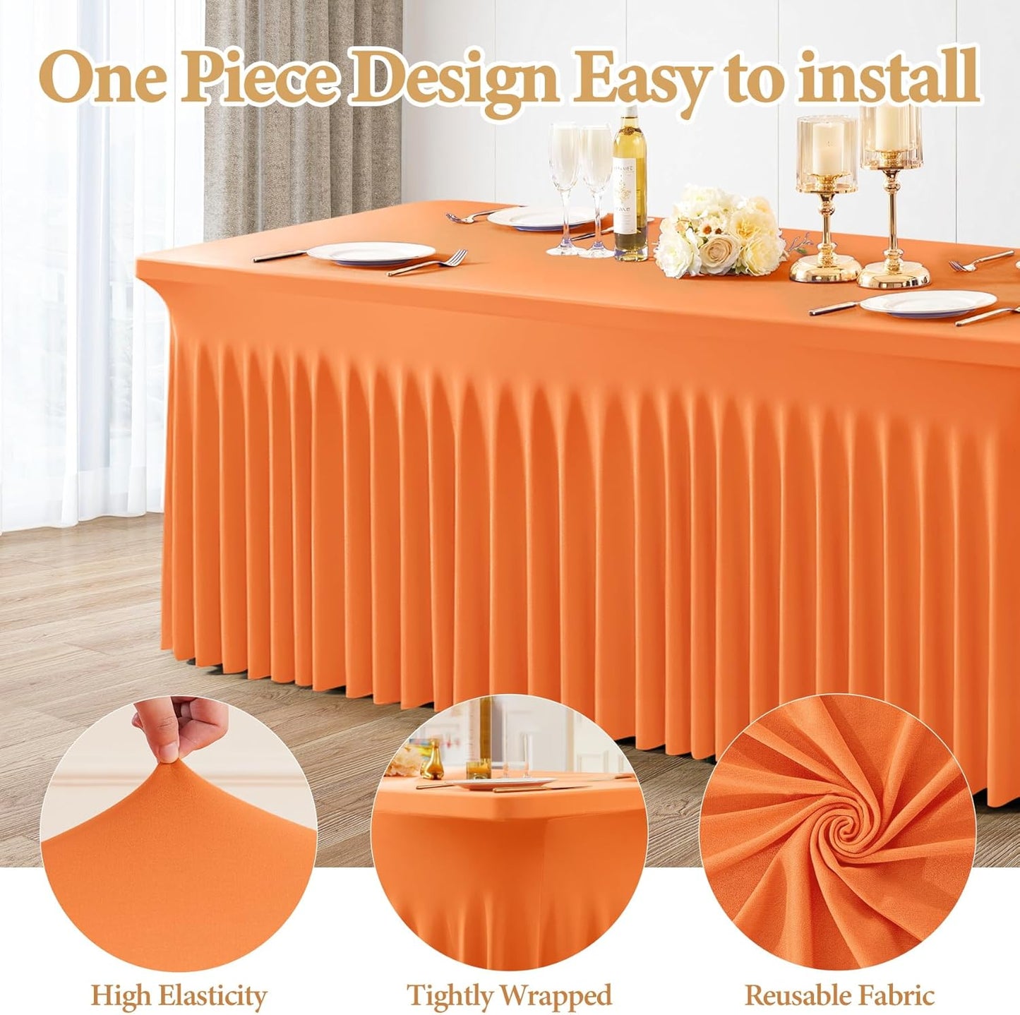 2 Packs Orange Spandex Tableclothes for 8 Foot Rectangle Table, Spandex Table Covers 8FT Stretch Table Skirts Rectangle Wrinkle Free Fitted Tablecover for Event, Wedding, Banquet & Parties