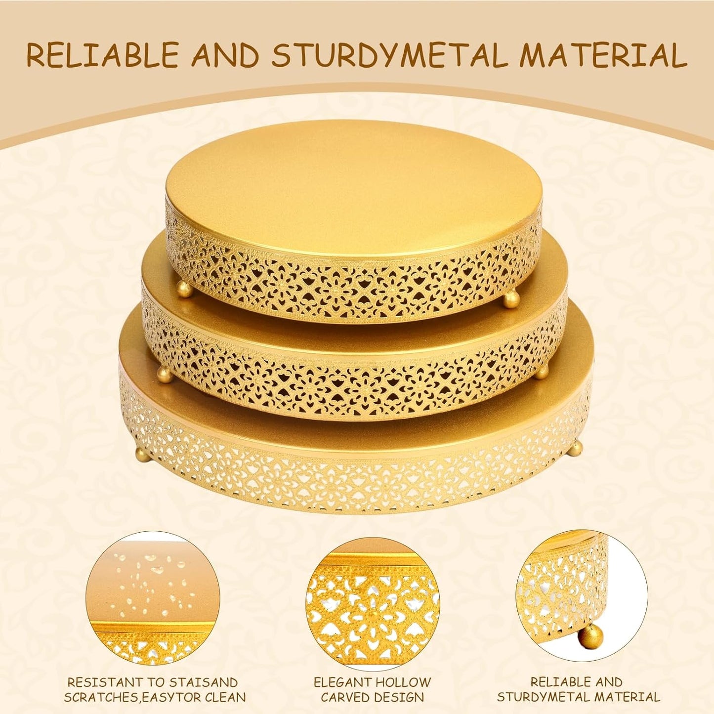 3 Piece Cake Stands Set 16'' 14'' 12'' Round Metal Cake Stands Cupcake Stand Riser Pastry Candy Display Plate for Dessert Table Wedding Event Birthday Anniversary Party (Gold)