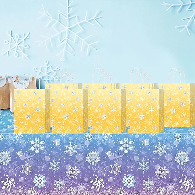 HongXingHai Christmas Gift Bags with Handles, 16 Pack Kraft Paper Bags with Snowflake Design, Reusable Holiday Party Favor Bags for Christmas, Winter Birthday, Wedding, Shopping, Small Gifts