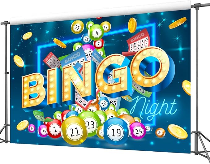 Homewelle Bingo Backdrop 7Wx5H Feet Night Theme Polyester Fabric Snooker Game Time Cards Coins Contest Winning Ball Party Decoration Colorful Adults Gaming Photography Background Photo Shoot Props