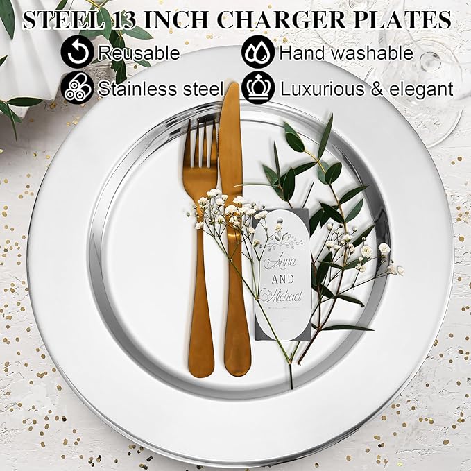 Vesici 12 Pcs Silver Stainless Steel Charger Plates 13 Inch Round Metal Charger Plates Bulk Mirror Elegant Charger Luxury Table Decor for Wedding Dinner Party