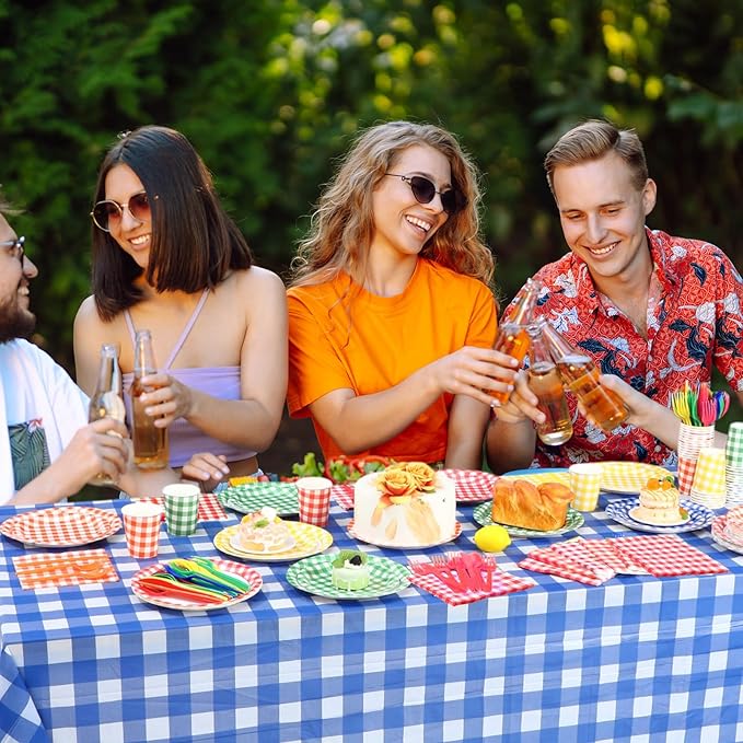 425 Pcs Disposable Gingham Party Supplies Set for 60 Guests - Plaid Paper Plates, Cups, Napkins, Forks, Spoons, Knives & Tablecloth, All-in-One Birthday, BBQ, Picnic, Thanksgiving Dinnerware Kit