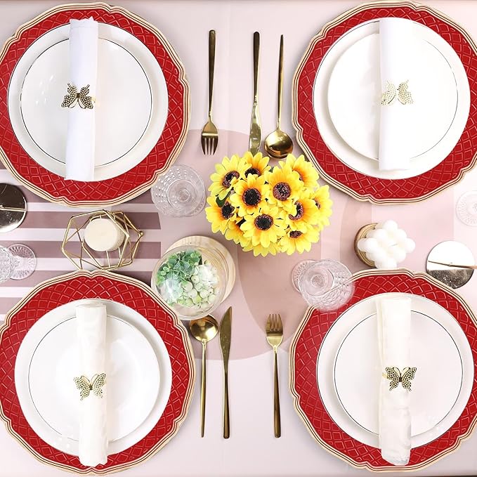 Red Scallop Charger Plates, Set of 6 Plastic Wedding Bulk Plate Charges for Dinner Plates, Table Decoration, Holiday, Thanksgiving, Christmas.
