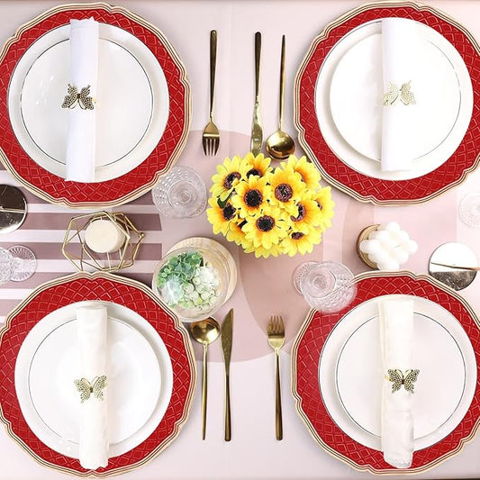 Red Scallop Charger Plates, Set of 6 Plastic Wedding Bulk Plate Charges for Dinner Plates, Table Decoration, Holiday, Thanksgiving, Christmas.