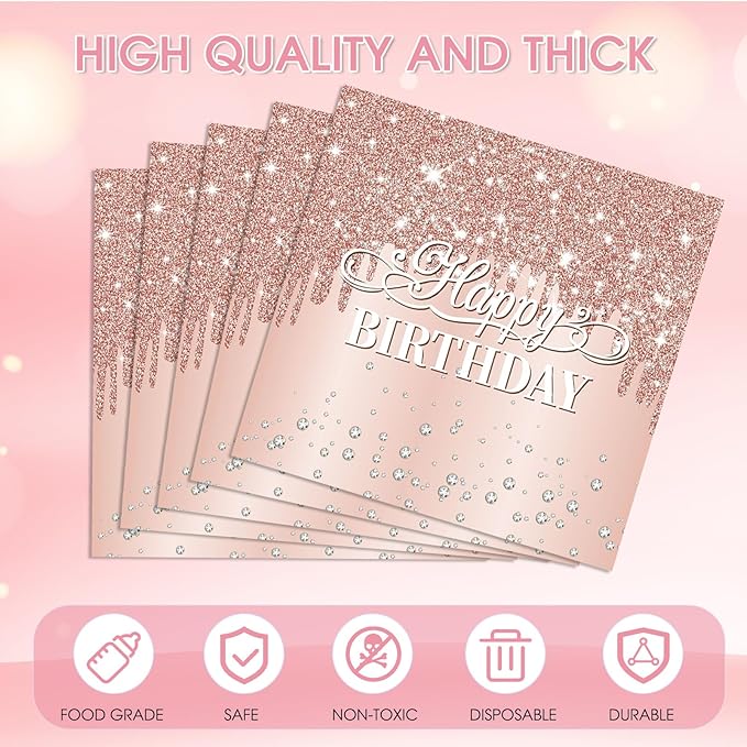 40Pcs Happy Birthday Napkins Rose Gold Birthday Decorations for Girls Women Disposable Diamond Rose Gold Cocktail Beverage Napkins for Dinner,Wedding, Birthday,Anniversary Party Supplies