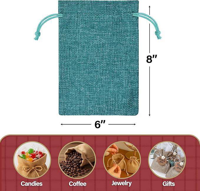 Mandala Crafts 6X8 Inch Teal Burlap Drawstring Gift Bags for Favors - 30 Medium Linen Sacks Gift Pouches for Candy, Coffee, Jewelry, Wedding, and Party Supplies