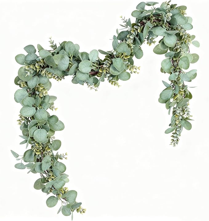 Artificial Eucalyptus Garland Greenery - 6.56FT Realistic Green Leaf Garland for Mantle, Table Decor, Wedding, Home Decoration Hanging Vines