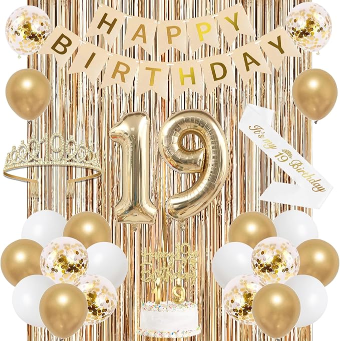 Trgowaul Happy 19th Birthday Decorations for Girls, Banner, Sash and Crown, Cake Topper, 19 Number Balloon, Fringe Curtains, Champagne Gold 19th Birthday Party Supplies