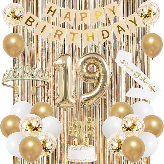Trgowaul Happy 19th Birthday Decorations for Girls, Banner, Sash and Crown, Cake Topper, 19 Number Balloon, Fringe Curtains, Champagne Gold 19th Birthday Party Supplies