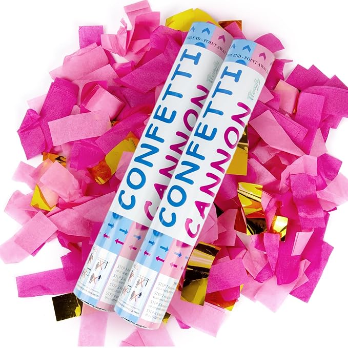 2 Pack Gender Reveal Confetti Cannon, 12 in Pink Rectangle shaped Paper Party Poppers Cannons, Confetti Poppers For Baby Girl Gender Reveal Baby Showers (Rectangle, Pink)
