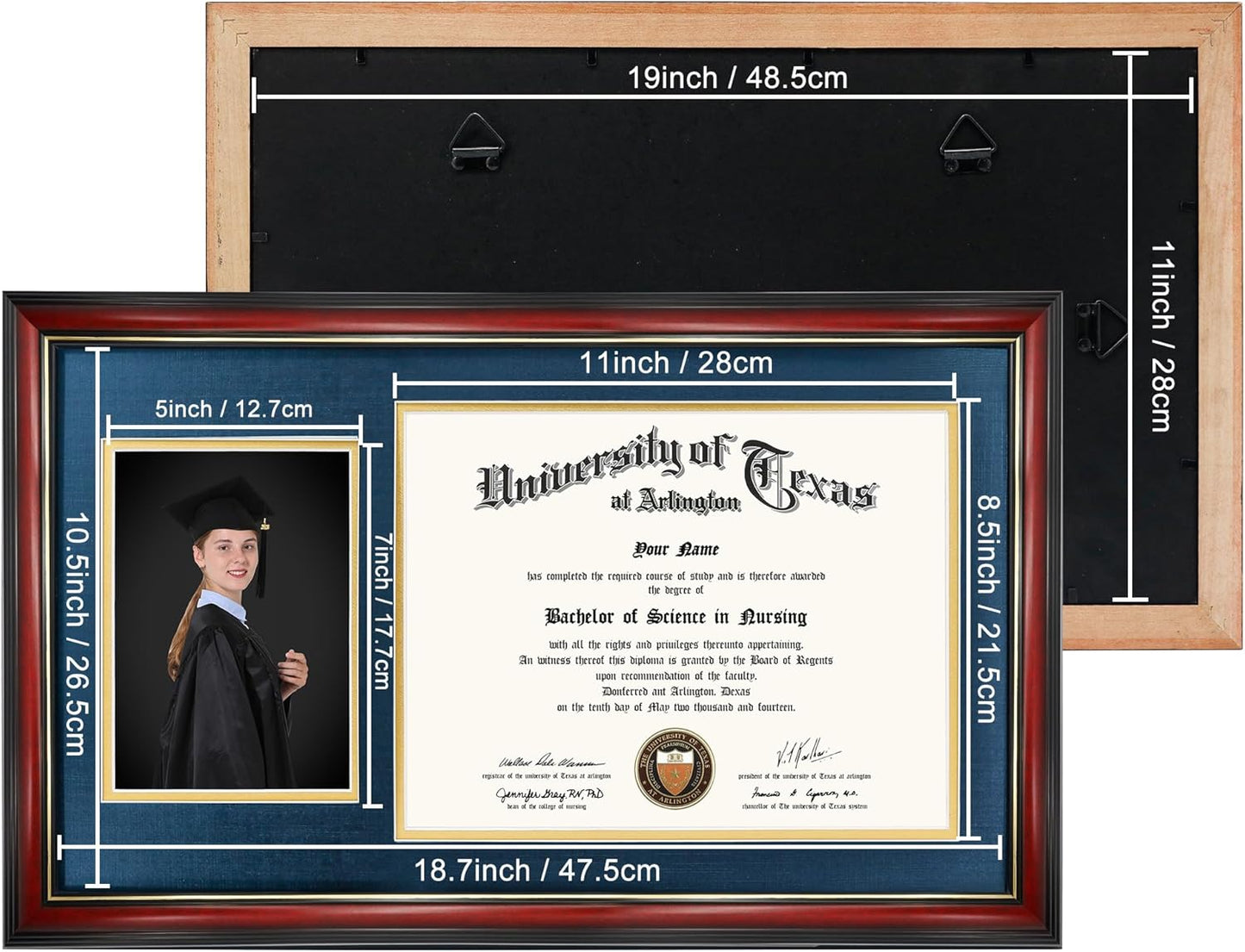 GraduationMall 11x19 Cherry Diploma and Photo Frame for 8.5x11 Certificate,5x7 Picture,Tempered Glass,Navy Blue over Gold Double Mat