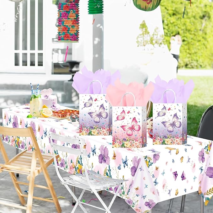 W WINTMING 16 Pcs Butterfly Gift Bags Butterfly Party Favor Bags with Tissue Paper Pink Purple Paper Goodie Bag Birthday Bag for for Wedding, Birthday, Party Supplies and Gift (Flower)