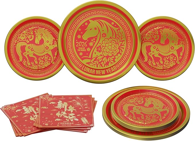 Blue Orchards Chinese New Year Plates and Napkin (2026 Year of the Horse - 60 Pieces for 20 Guests) - Lunar New Year Theme Plates And Napkins, CNY Party Decorations, Gong Xi Fa Cai