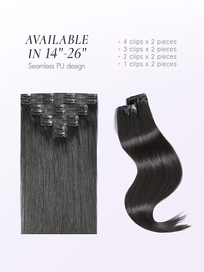 LUVME Clip in Hair Extensions Silky Straight, Seamless 2 Pack 7PCS 100g, 20 Inch Real Human Hair, Natural Black, Thick Volume for Women Daily Wear & Party