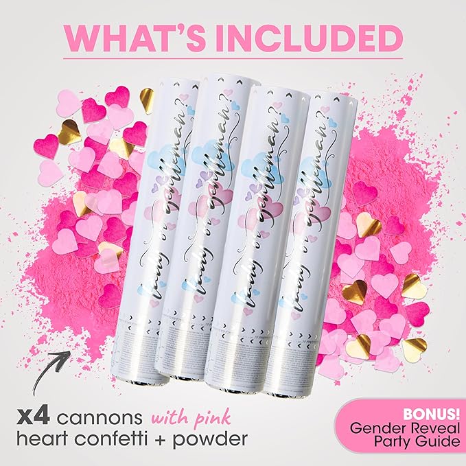 PrimePure Gender Reveal Confetti Cannon - Biodegradable Powder & Heart Shaped Confetti Poppers - Pink, 4 Pack - Baby Girl Gender Reveal Smoke Bombs - Powder Cannon Party Poppers Pink Party Supplies