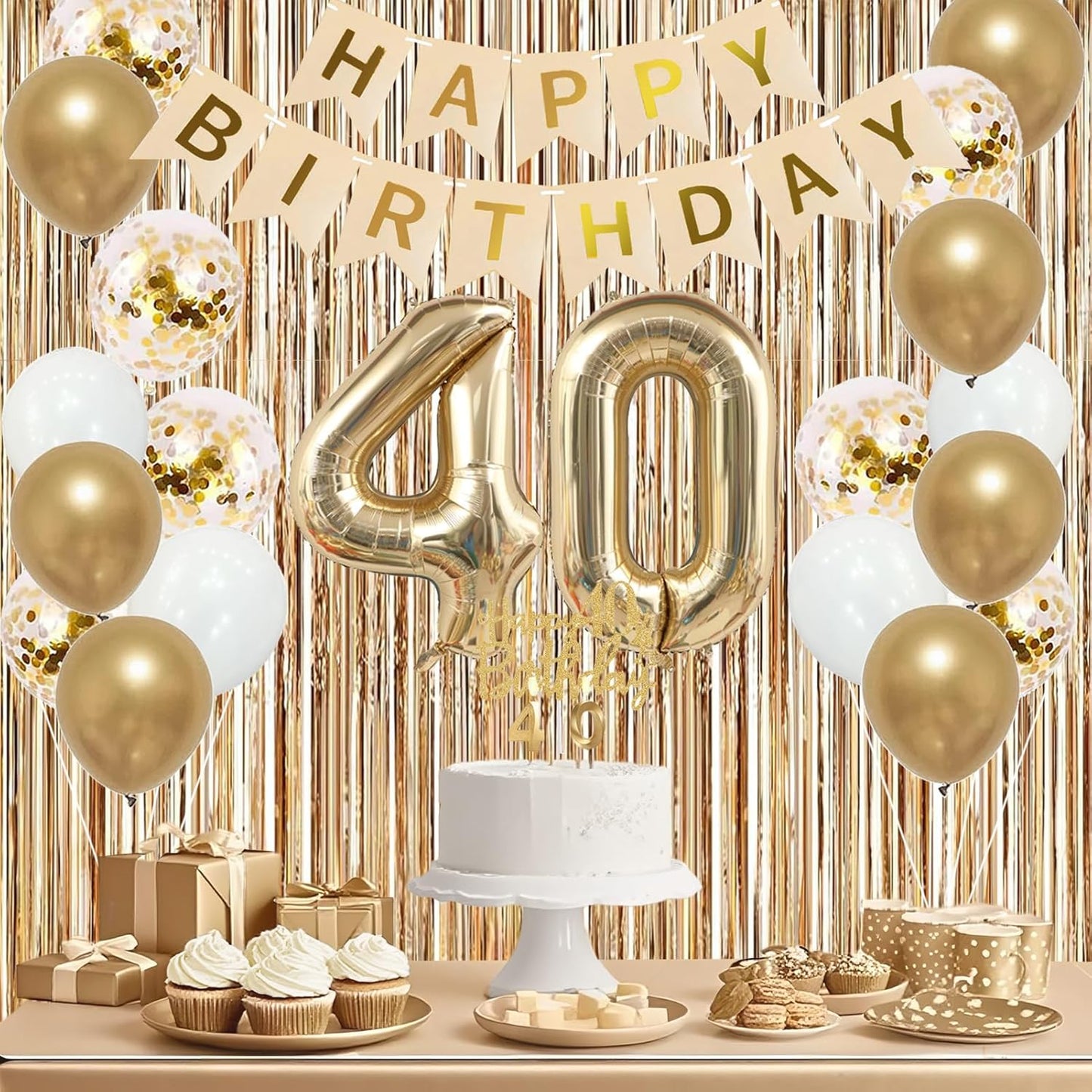 Trgowaul 40th Birthday Decorations for Women, Banner, Sash and Crown, Cake Topper, 40 Number Balloon, Fringe Curtains, Champagne Gold 40th Birthday Party Supplies