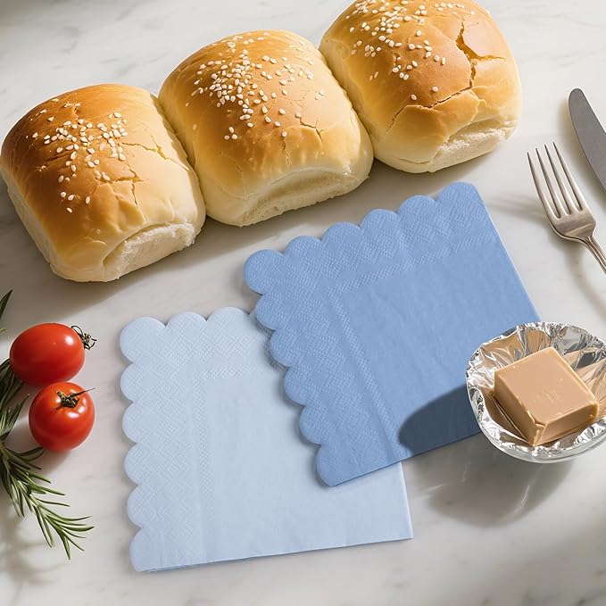 100 Pcs Blue Scalloped Napkins Gradient Color Cocktail Napkin Folded 5 x 5 Beverage Napkins Disposable Paper Napkins for Birthday Party Supplies