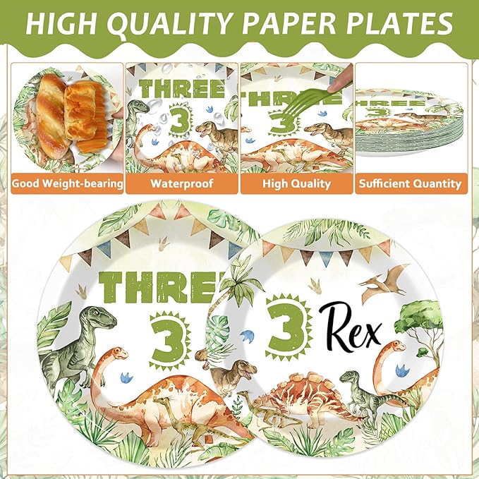 96PCS Dinosaur 3rd Birthday Party Paper Plates and Napkins and Forks Set Watercolor Dino Rex Tableware Set Three Rex Theme Dinnerware Paper Plates for Kids Birthday Gatherings Decorations