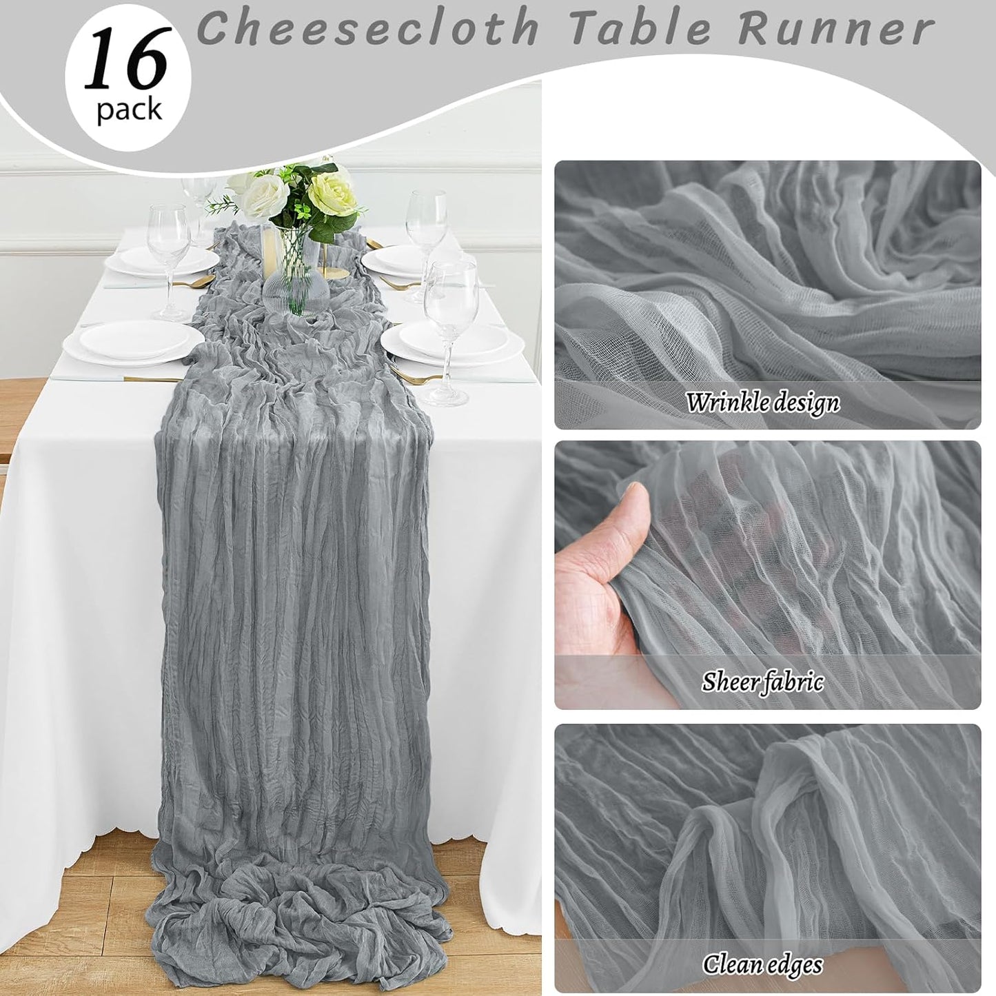 16Pack Grey Table Runner 10FT Cheesecloth Table Runner 35x120Inch Long Boho Cheese Cloth Table Runners Rustic Gauze Table Runners for Party Wedding Bridal Shower Baby Shower Decorations