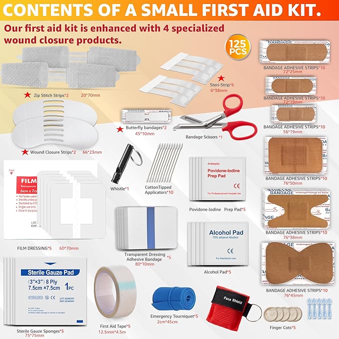 Emergency First Aid Kit Survival - Dotodo Car Medical Kit | Portable Emergency Kit for Trave, Home, Sports, Camping, Dorm, RV, Workplace (Red, 125 PCS)