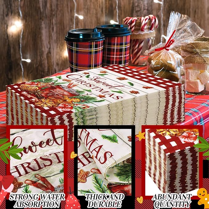 Karenhi 200 Pcs Christmas Gingerbread Napkins 2 Ply Red and White Buffalo Plaid Xmas Paper Napkins Disposable Hand Towel for Bathroom Decorative Napkin Paper Hand Towels Christmas Decorations