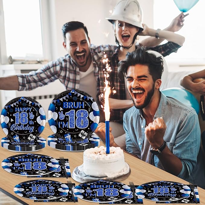 96PCS 18th Birthday Party Paper Plates and Napkins and Forks Set for Blue and Silver Bruh I'm 18 Years Old Party Paper Plates Disposable Decor Happy 18th Parties Set for Teens Birthday Decorations