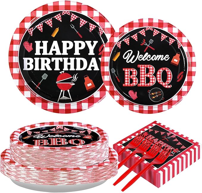 Grencian 200 Pcs BBQ Party Decorations for Birthday Picnic Red and Black Gingham BBQ Baby Shower Plates Supplies Summer Picnic Baby Q Birthday Party Decorations for Summer Barbecue Kids Adults