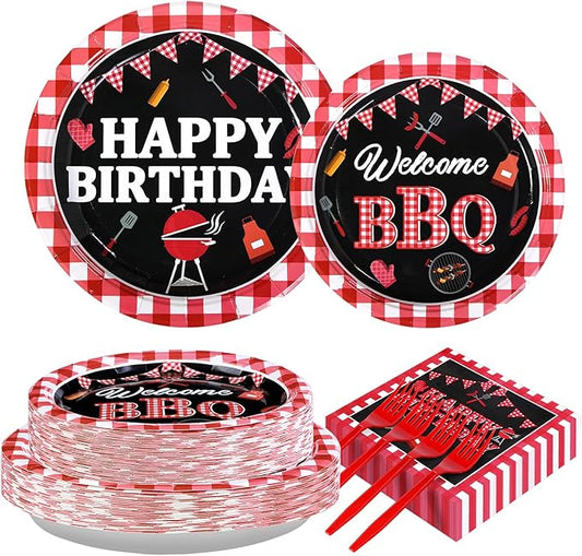Grencian 200 Pcs BBQ Party Decorations for Birthday Picnic Red and Black Gingham BBQ Baby Shower Plates Supplies Summer Picnic Baby Q Birthday Party Decorations for Summer Barbecue Kids Adults