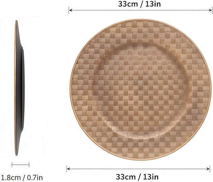 Antique Gold Charger Plates with Basketweave Texture, Set of 6, Faux Woven Plastic Service Plates for Rustic Wedding & Farmhouse Table Decor, 13 Inch (634)