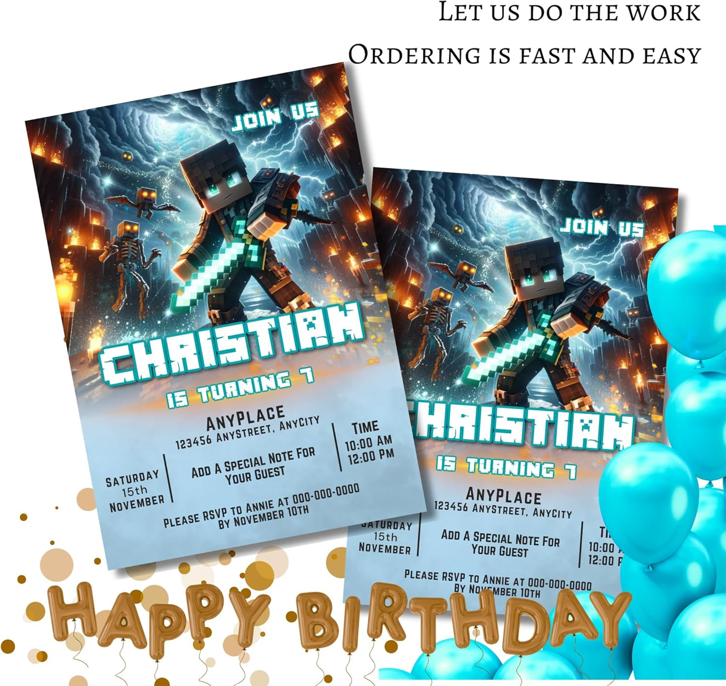Fully Customizable minecraft Birthday Party Invitations, 4 x 6 inches, with Self-Sealing Envelopes, Gaming Theme Design, minecraft Birthday Invitations for Boys and Girls (Minecraft/Fire)