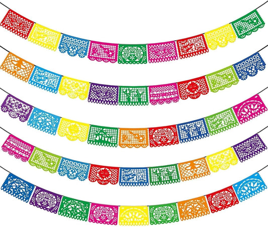 5PCS Mexican Party Decorations, 90FT Plastic Papel Picado Banner, Fiesta Party Decoration, Dia De Los Muertos, Day of The Dead Decorations, Cinco De Mayo Decor, Mexico Birthday Party Supplies