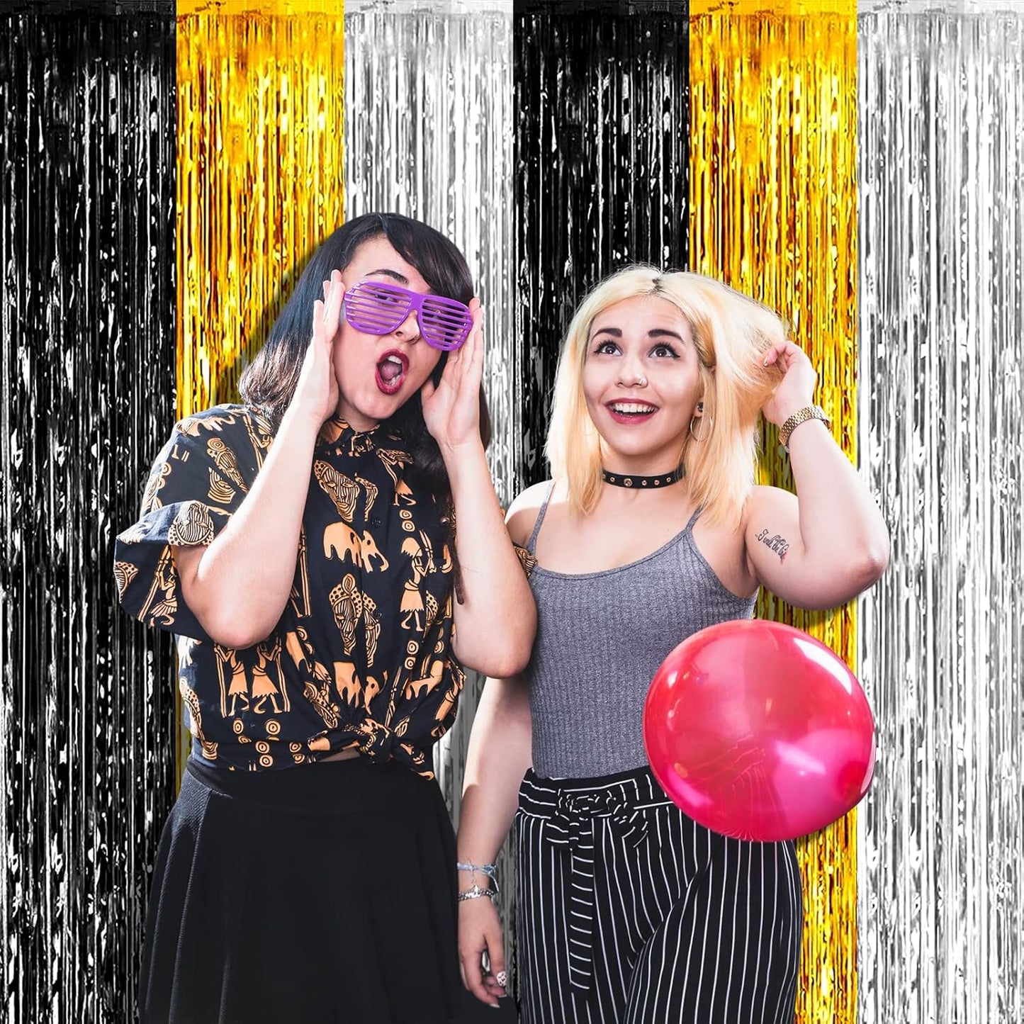 4 Pack 3.2Ft x 6.6Ft Black Gold Silver Foil Fringe Curtain Backdrop, Metallic Tinsel Foil Fringe Streamers Curtains Background for Notorious One Birthday Roaring 20s Graduation Party Decoration
