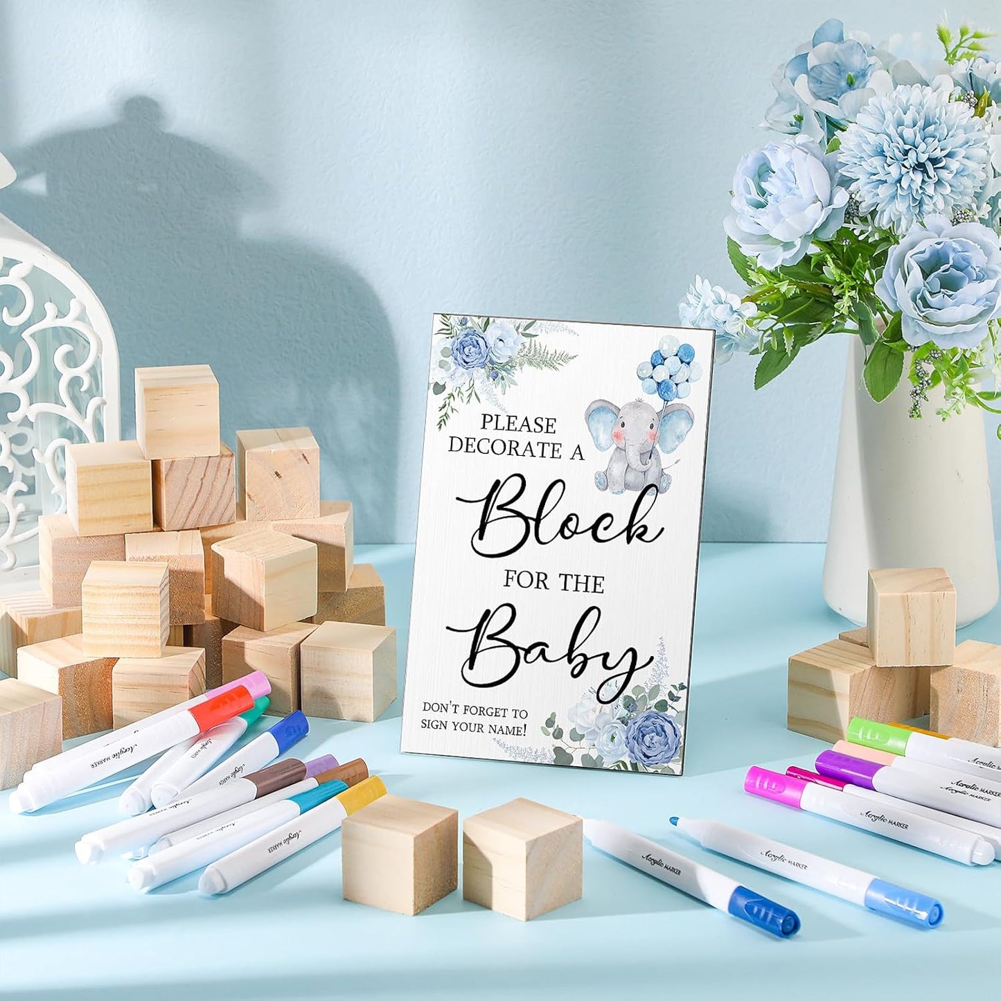 Tatuo 75 Pcs Baby Shower Games Sign Kit Including Decorate a Block Game Sign 50 DIY Wooden Block 24 Acrylic Paint Marker Baby Shower Prize for Gender Reveal Party(Cute Elephant)
