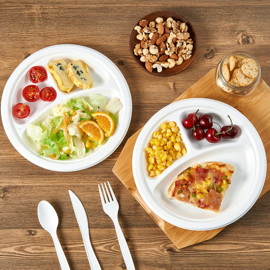 Vplus 100% Compostable Paper Plates, 600 Pack 9 Inch 3 Compartment Plates Disposable, Heavy Duty Biodegradable, Made of Sugar Cane Fibers, for Daily meals, Dinner, Parties, BBQ