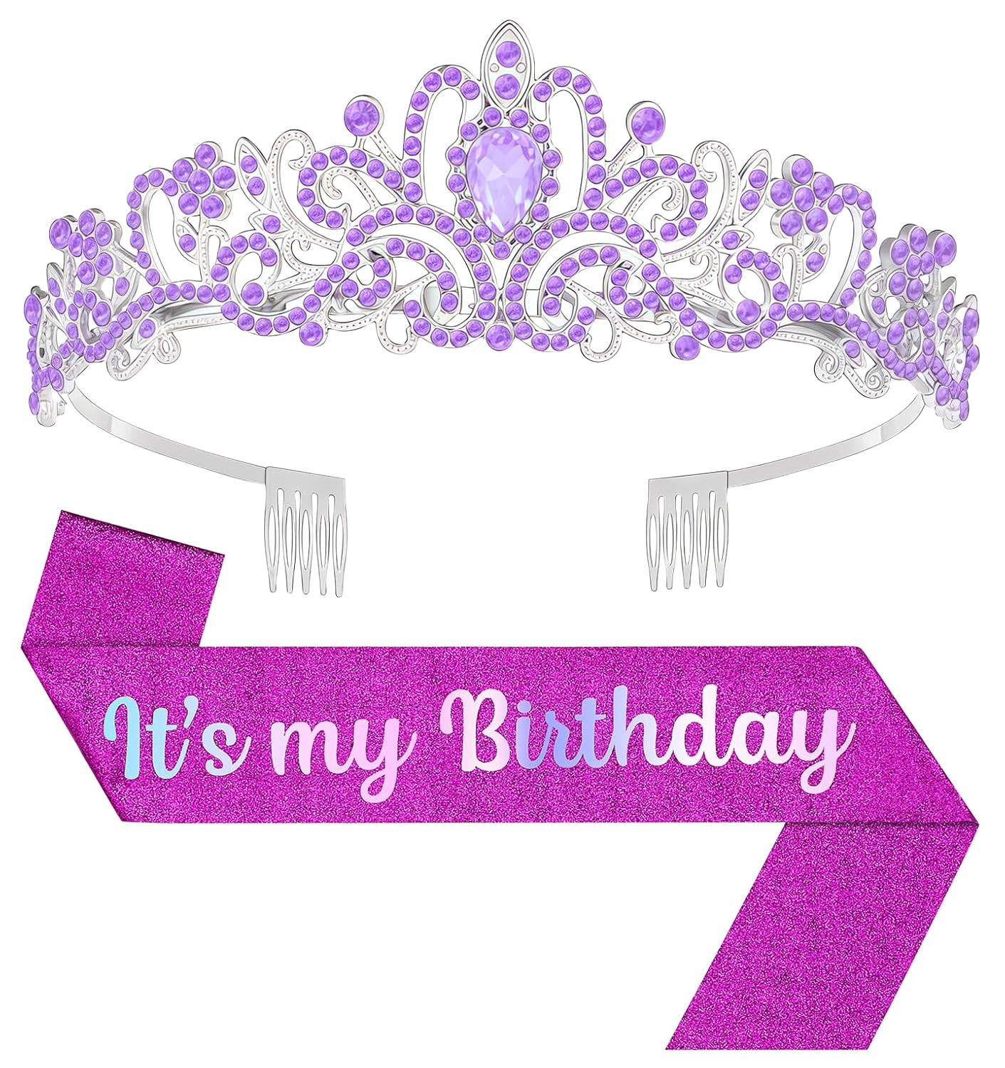 Birthday Tiara and Crown with Sash, Birthday Tiara for Women Party (Purple)