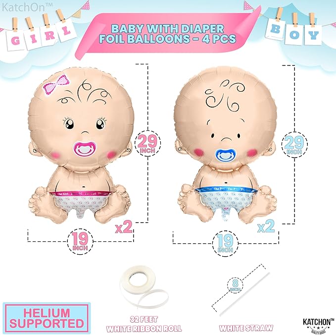 KatchOn, Gender Reveal Balloon - 29 Inch Pack of 4 | Baby Girl Baby Boy Balloons for Twin Gender Reveal Decorations | Boy or Girl Balloon, balloons for baby Shower Decorations | Twin Balloons