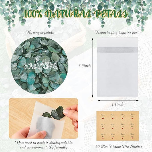 Suncalla Biodegradable Confetti 10.58 Oz eucalyptus leaves Dried Flower Petals with Throw Me Stickers Confetti Biodegradable Flower Petals for Valentines Decor(Eucalyptus Leaves,Multi Color,55 Pcs)