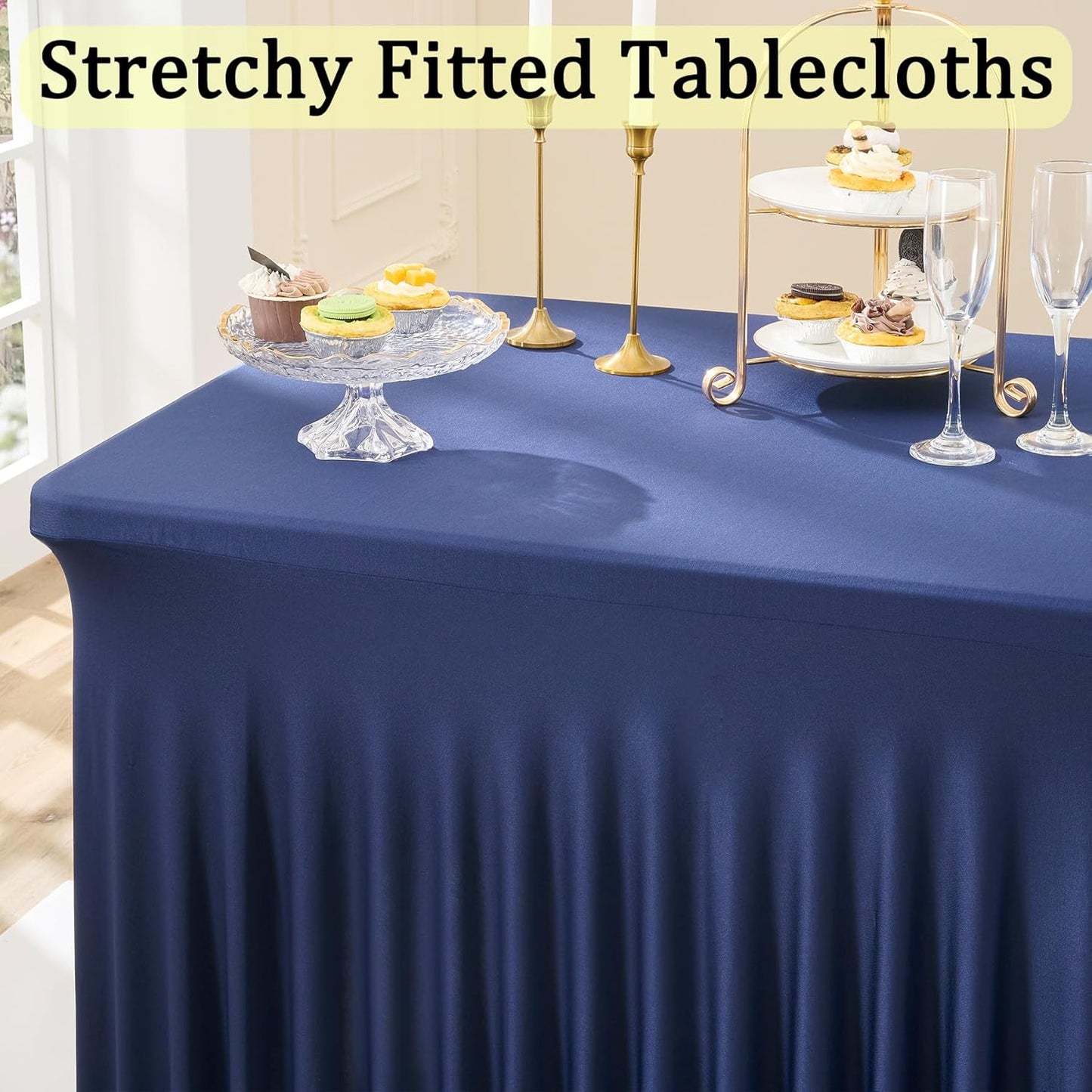 3 Packs Navy Blue Spandex Tablecloths for 8 Foot Rectangle Tables, Stretchy Fitted 8FT Blue Table Skirt for Wedding Party, Wrinkle Free Tablecloths for Banquet Wedding Birthday Party