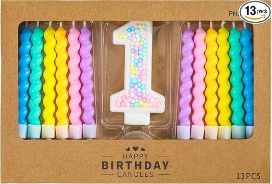 PHD CAKE Number 1 Birthday Candle Macaron Glitter Number Candle with Rainbow Spiral Candles in Holders for Cake Topper, Pastel Sweet Theme Party Decoration